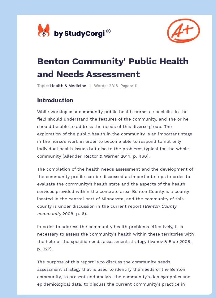 Benton Community' Public Health and Needs Assessment. Page 1
