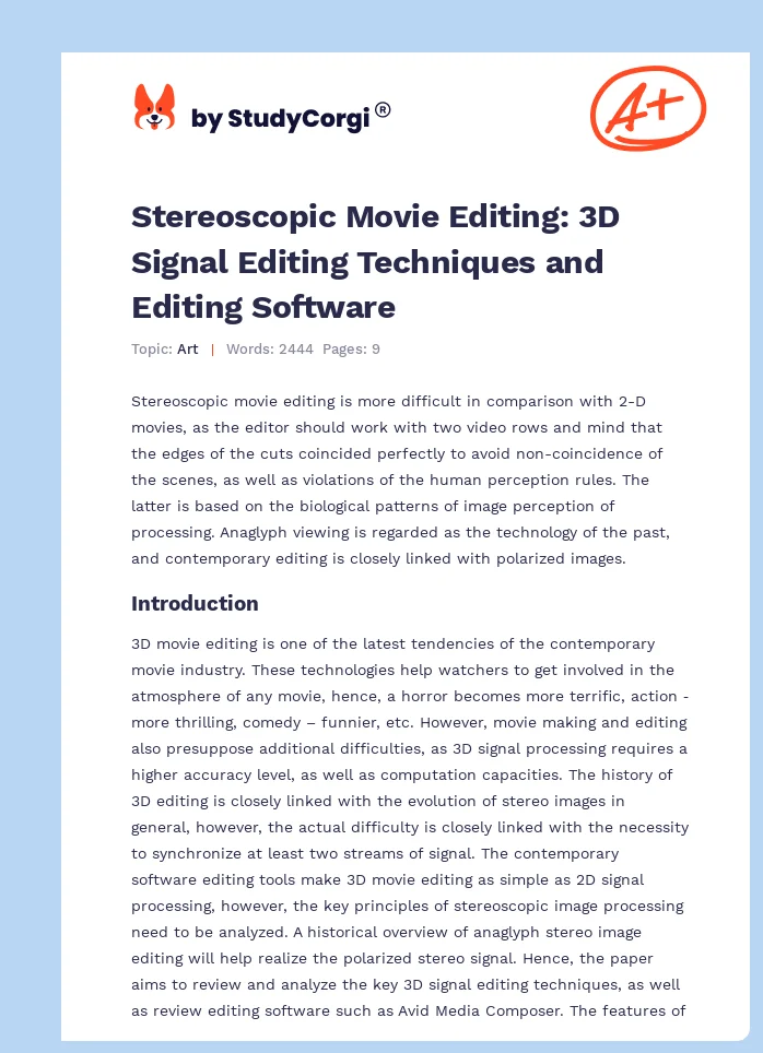 Stereoscopic Movie Editing: 3D Signal Editing Techniques and Editing Software. Page 1