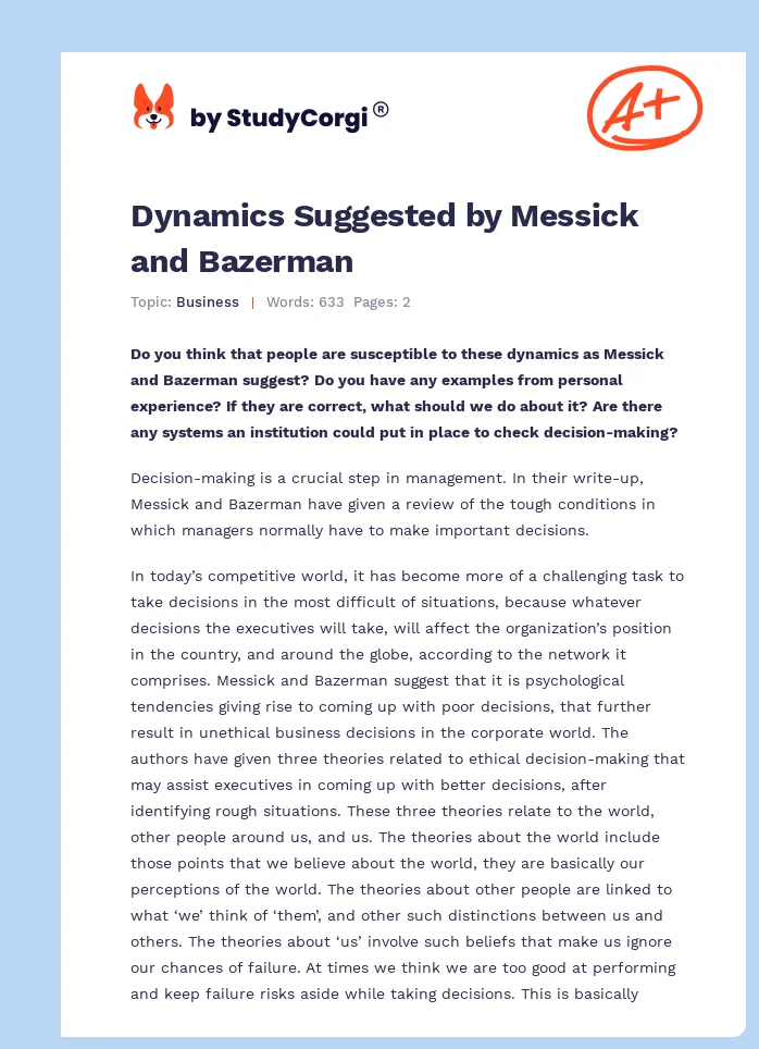Dynamics Suggested by Messick and Bazerman. Page 1