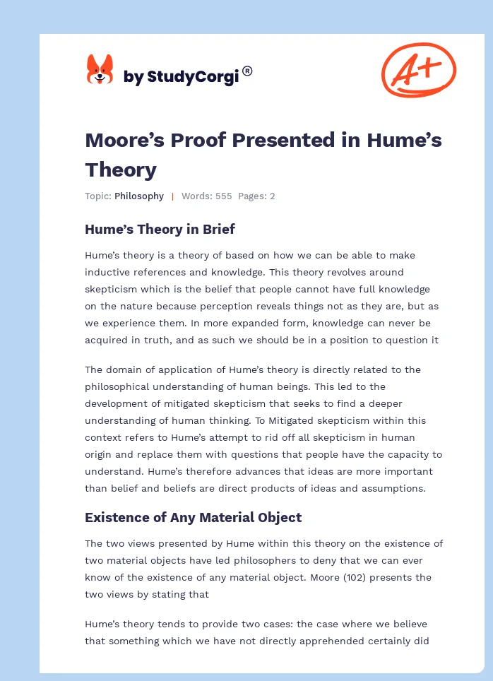 Moore’s Proof Presented in Hume’s Theory. Page 1