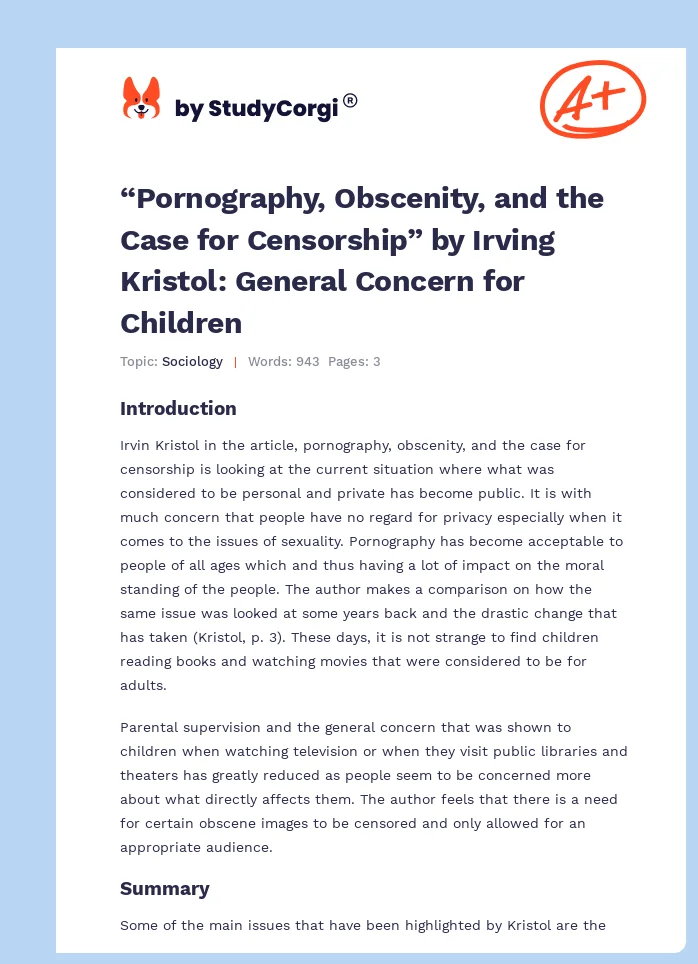 “Pornography, Obscenity, and the Case for Censorship” by Irving Kristol: General Concern for Children. Page 1