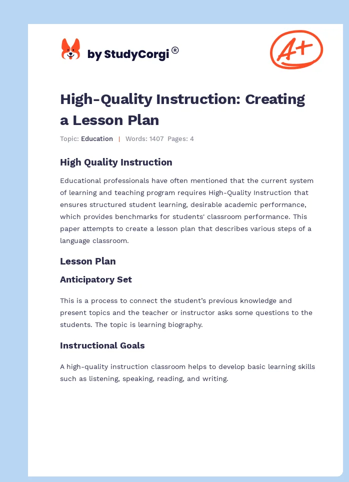 High-Quality Instruction: Creating a Lesson Plan. Page 1