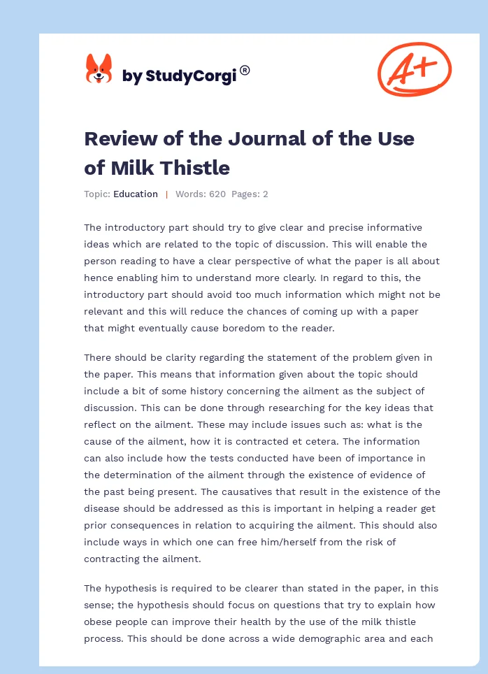 Review of the Journal of the Use of Milk Thistle. Page 1