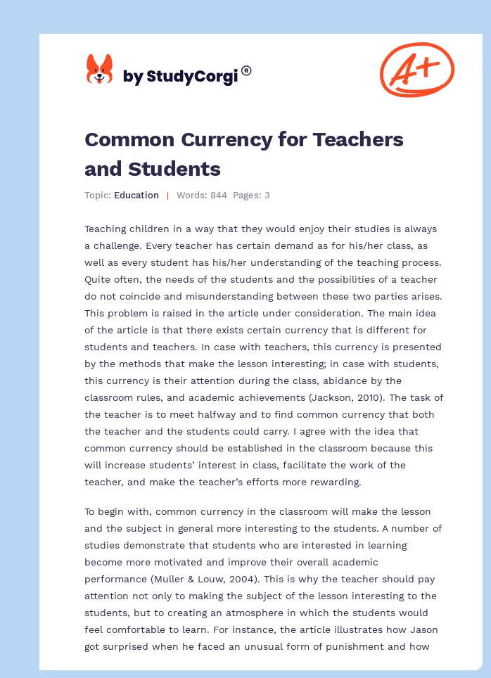 Common Currency for Teachers and Students. Page 1