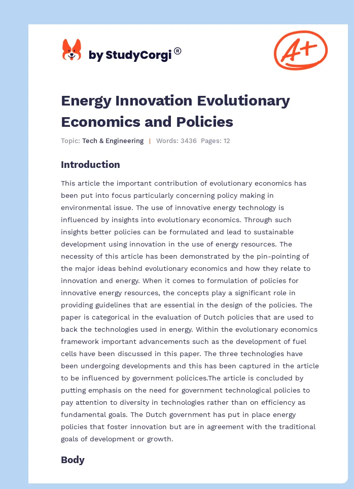 Energy Innovation Evolutionary Economics and Policies. Page 1