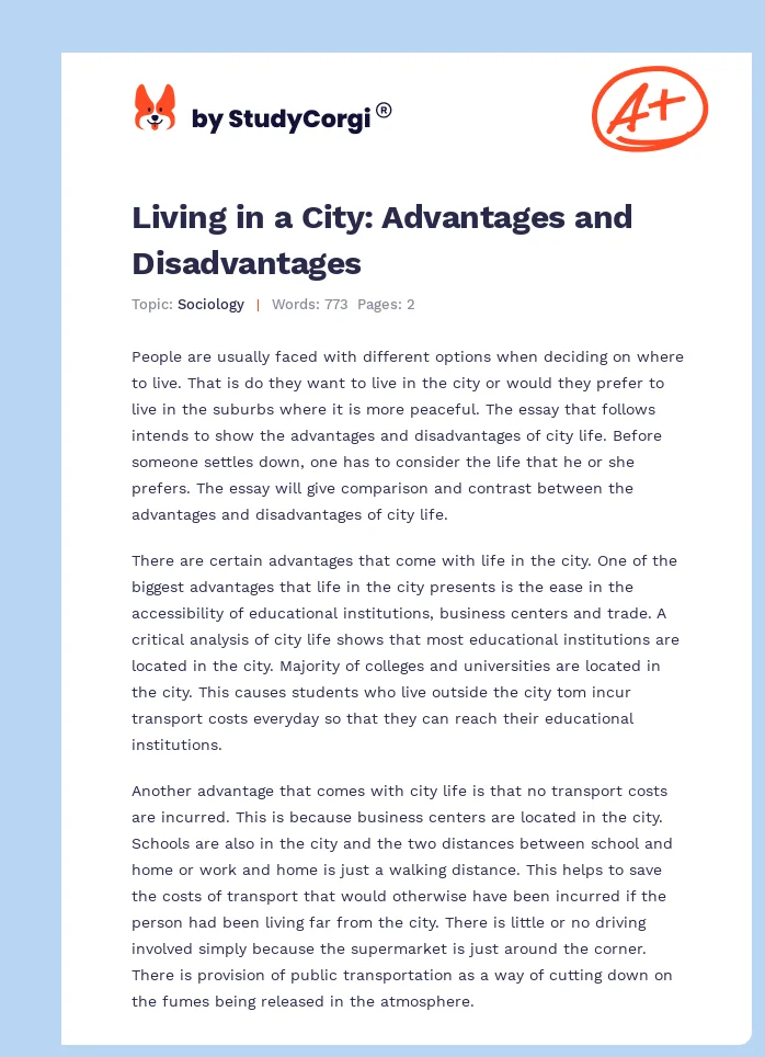 Living in a City: Advantages and Disadvantages. Page 1