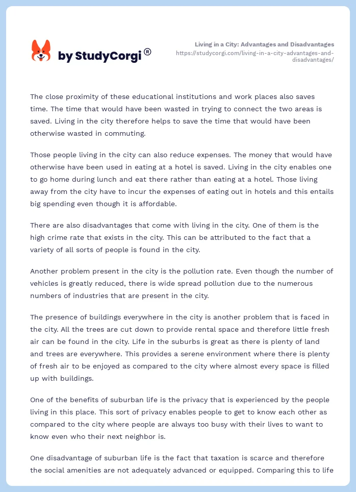 Living in a City: Advantages and Disadvantages. Page 2