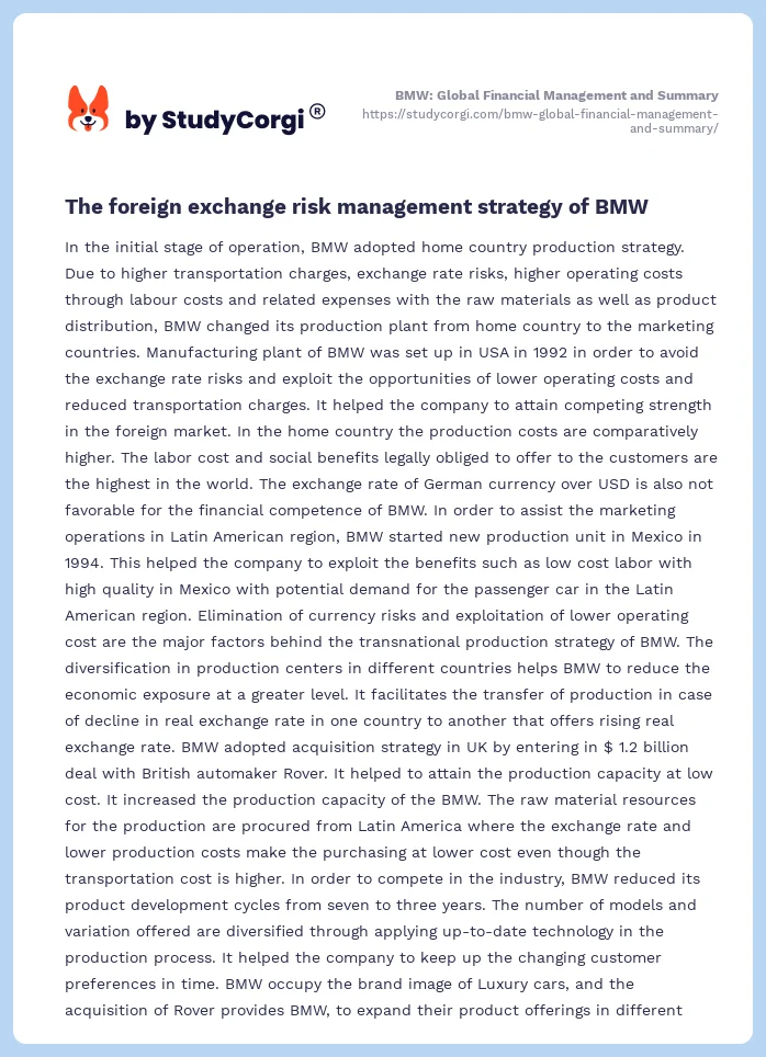 BMW: Global Financial Management and Summary. Page 2