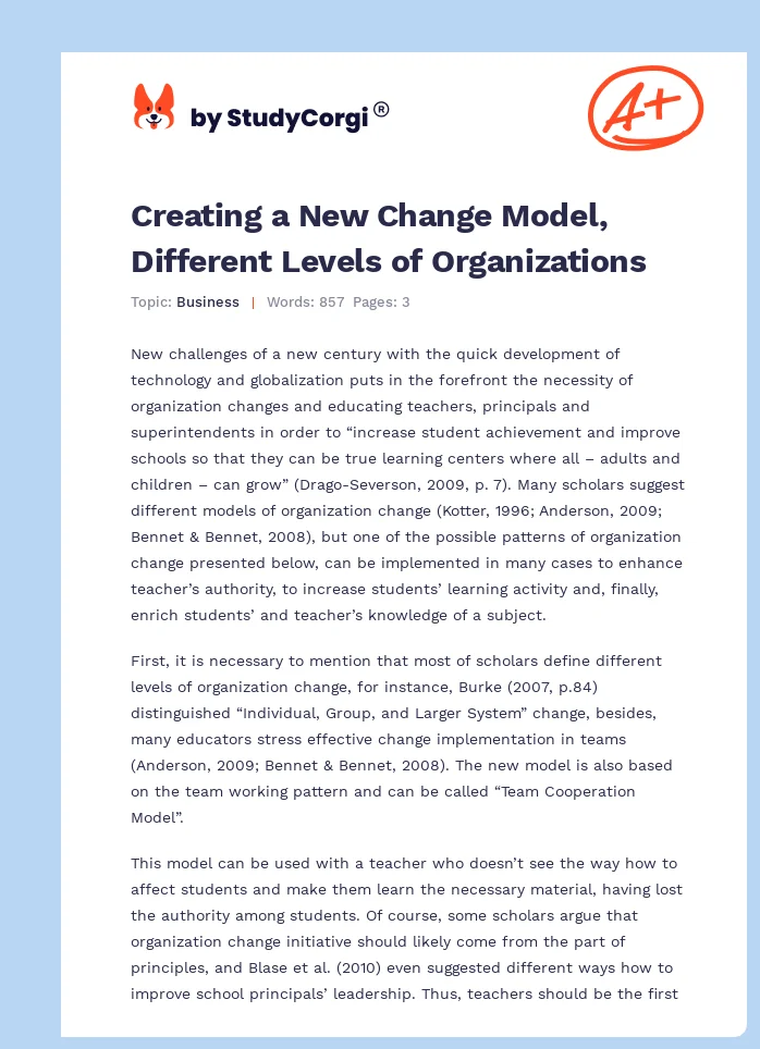 Creating a New Change Model, Different Levels of Organizations. Page 1