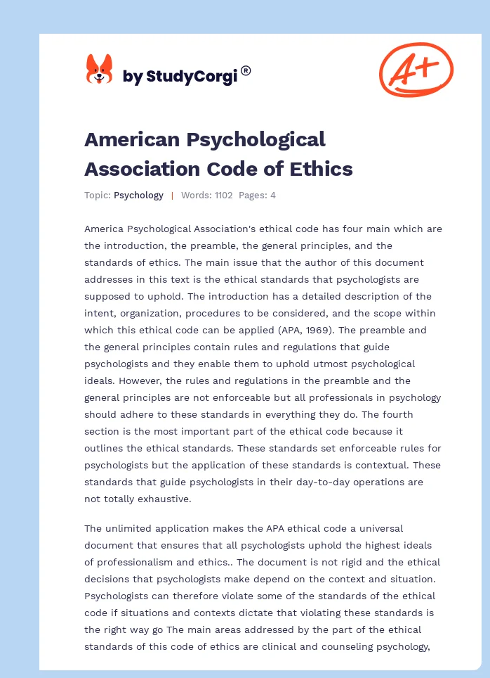 American Psychological Association Code of Ethics. Page 1