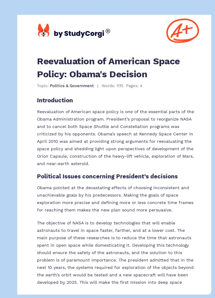 Reevaluation of American Space Policy: Obama's Decision. Page 1