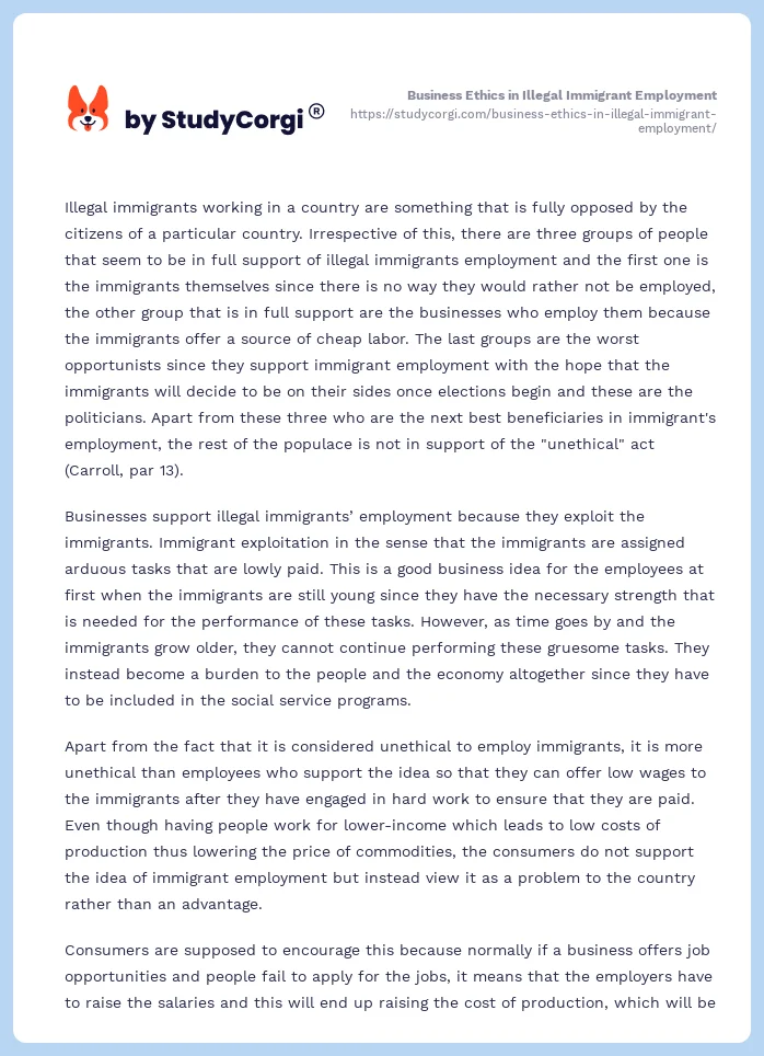 Business Ethics in Illegal Immigrant Employment. Page 2