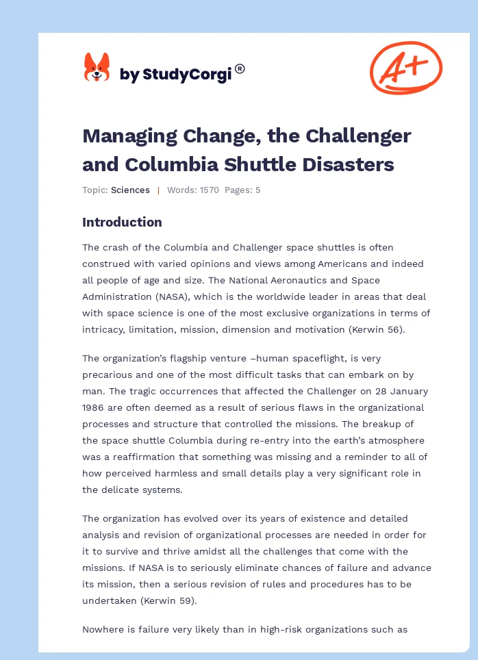 Managing Change, the Challenger and Columbia Shuttle Disasters. Page 1