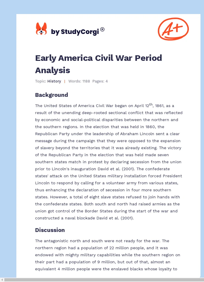Early America Civil War Period Analysis. Page 1