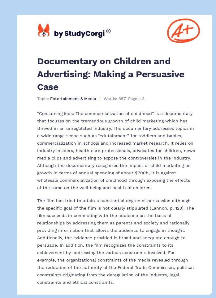 Documentary on Children and Advertising: Making a Persuasive Case. Page 1