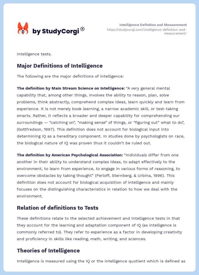 Intelligence Definition and Measurement. Page 2