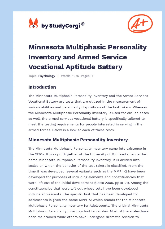 Minnesota Multiphasic Personality Inventory and Armed Service Vocational Aptitude Battery. Page 1