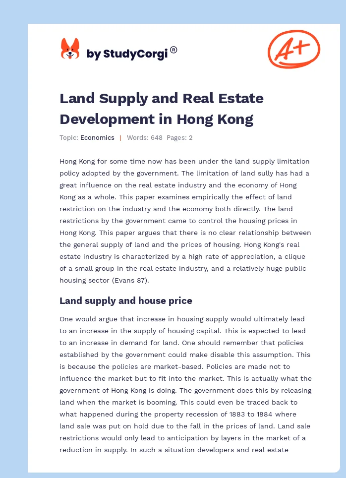 Land Supply and Real Estate Development in Hong Kong. Page 1