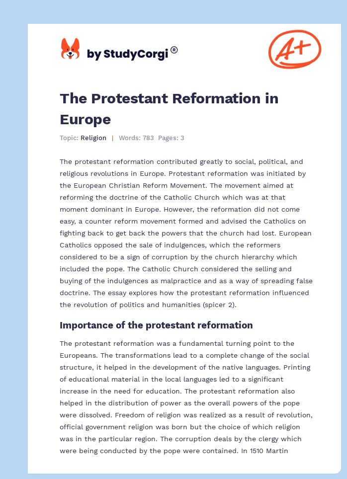 example protestant reformation essay