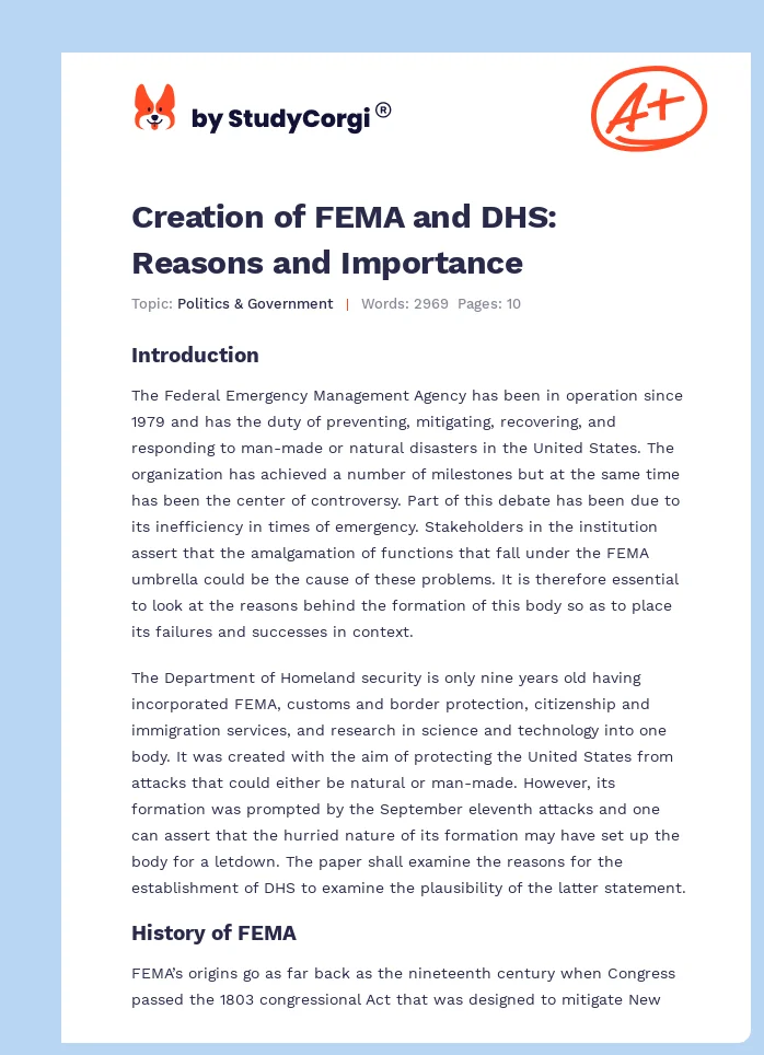 Creation of FEMA and DHS: Reasons and Importance. Page 1