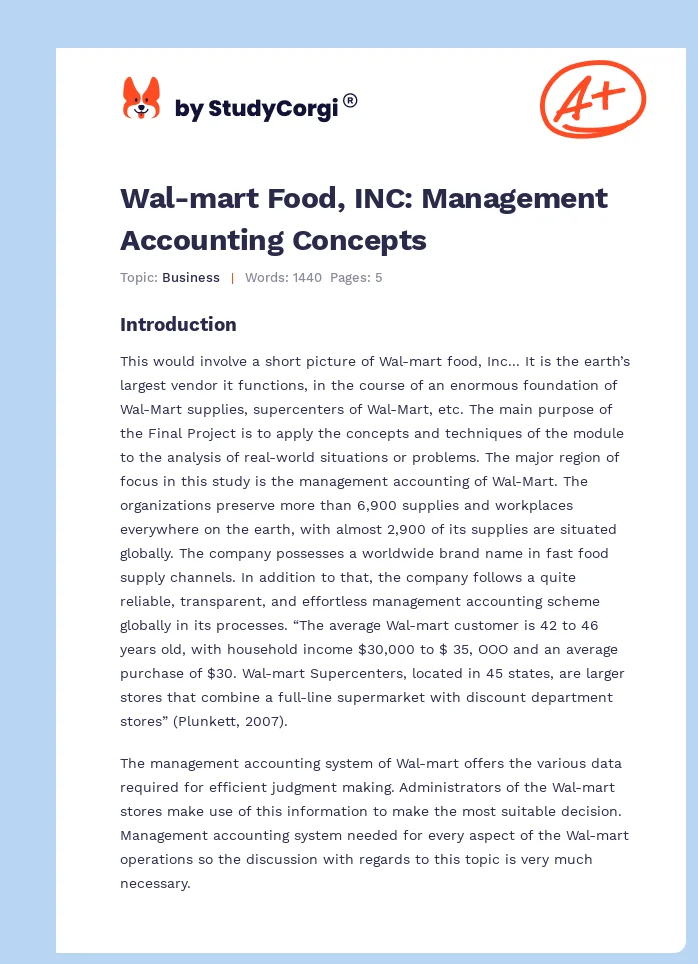 Wal-mart Food, INC: Management Accounting Concepts. Page 1