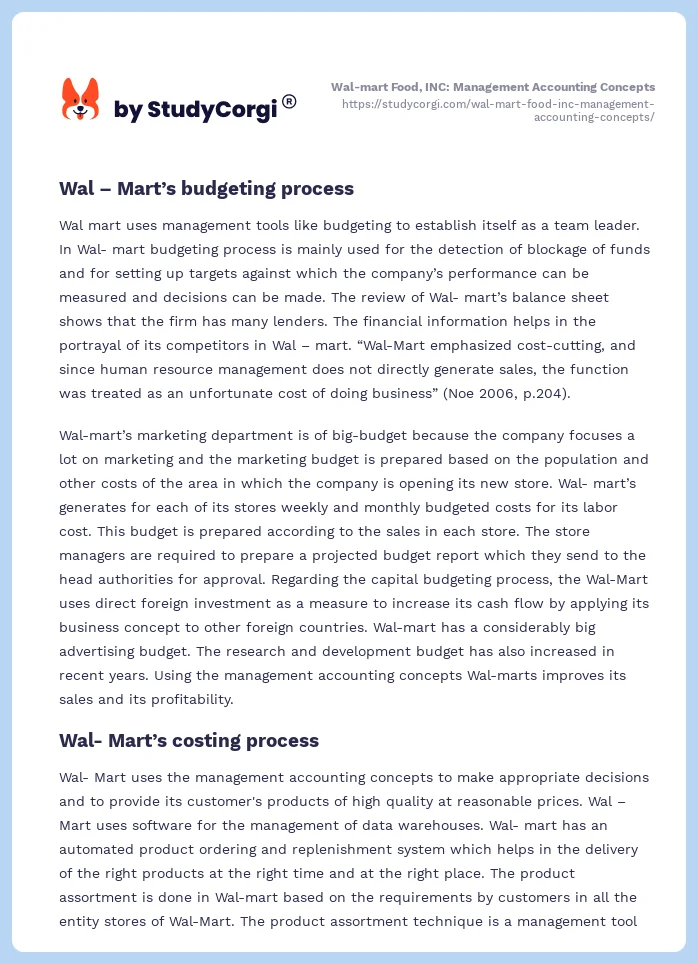 Wal-mart Food, INC: Management Accounting Concepts. Page 2