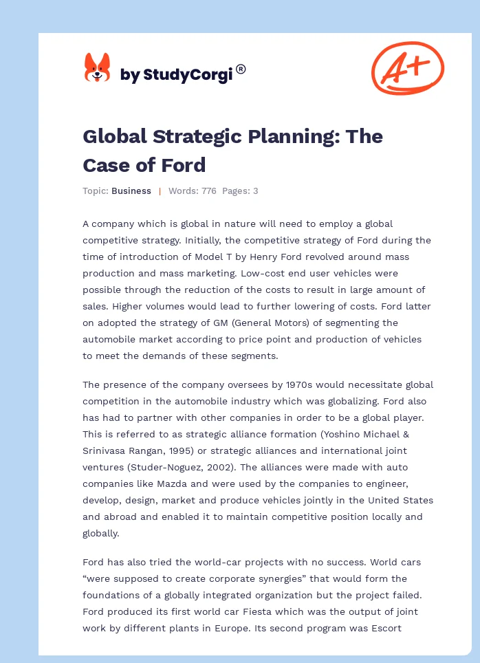 Global Strategic Planning: The Case of Ford. Page 1