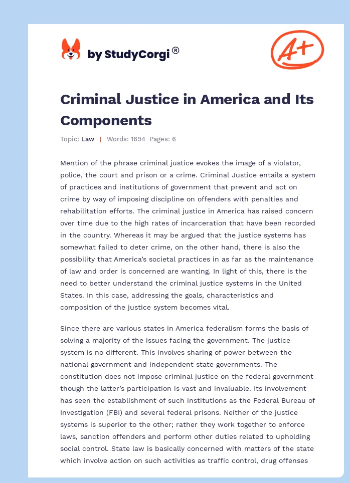 Criminal Justice in America and Its Components. Page 1