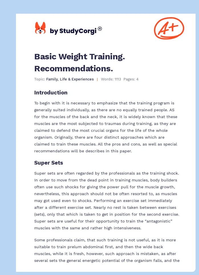 Basic Weight Training. Recommendations.. Page 1