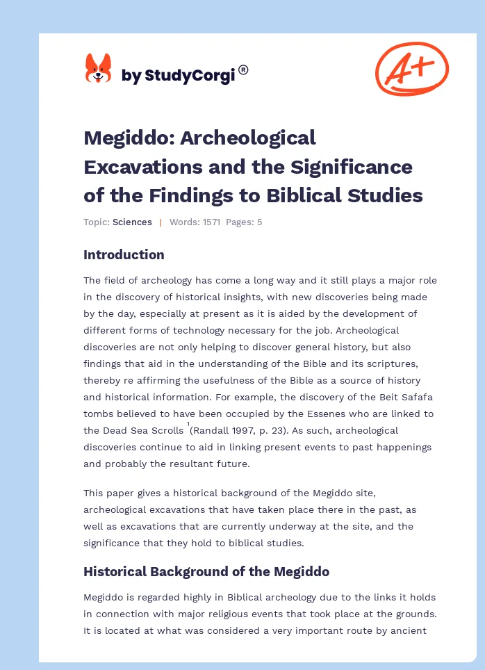 Megiddo: Archeological Excavations and the Significance of the Findings to Biblical Studies. Page 1