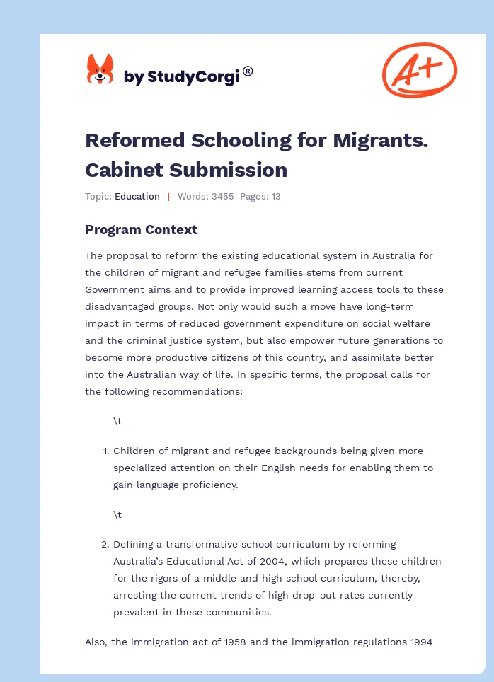 Reformed Schooling for Migrants. Cabinet Submission. Page 1