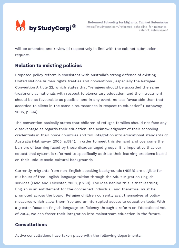 Reformed Schooling for Migrants. Cabinet Submission. Page 2