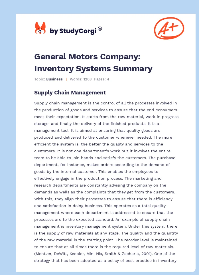 General Motors Company: Inventory Systems Summary. Page 1