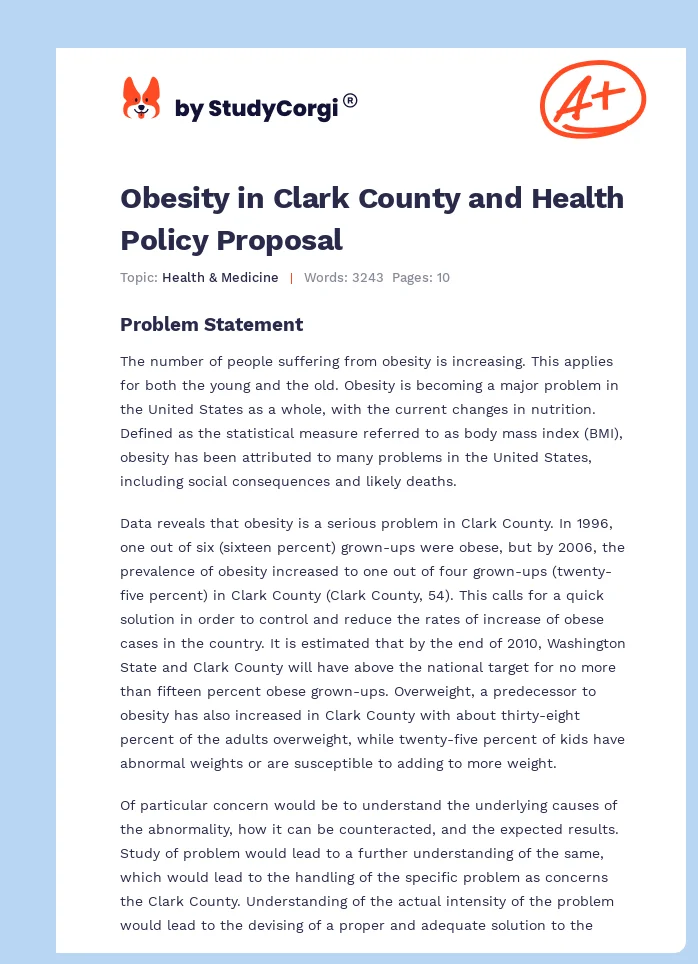 Obesity in Clark County and Health Policy Proposal. Page 1