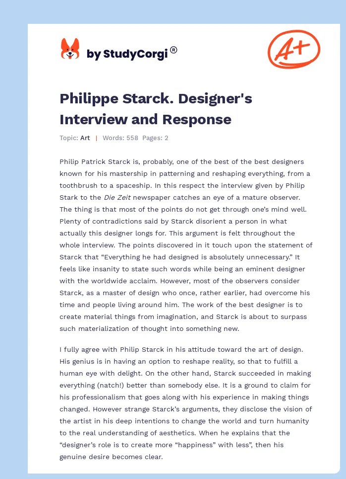 Philippe Starck. Designer's Interview and Response. Page 1