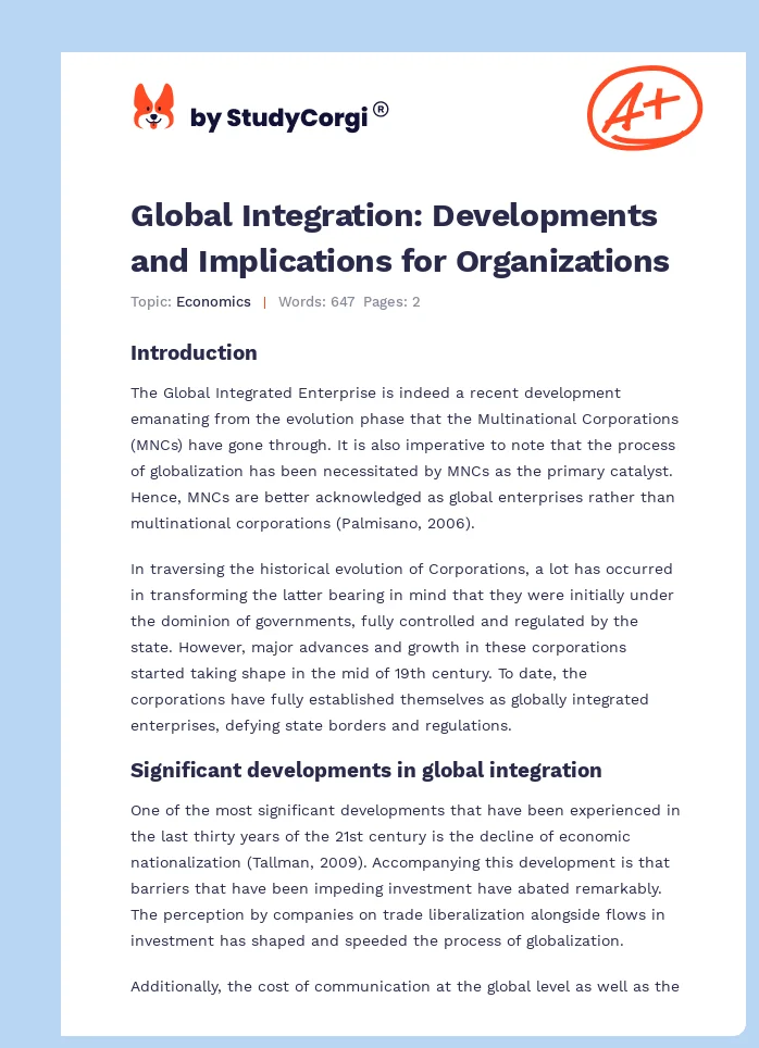 Global Integration: Developments and Implications for Organizations. Page 1