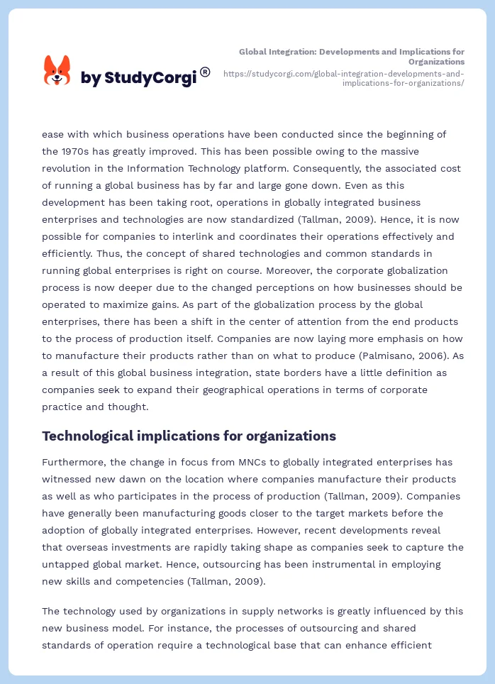 Global Integration: Developments and Implications for Organizations. Page 2