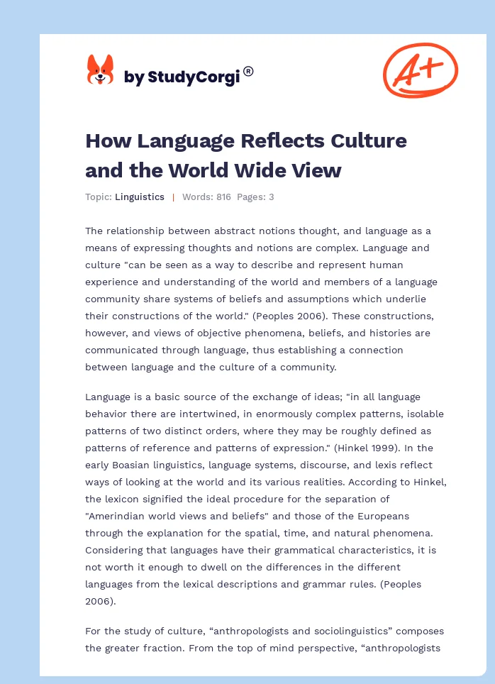 How Language Reflects Culture and the World Wide View. Page 1