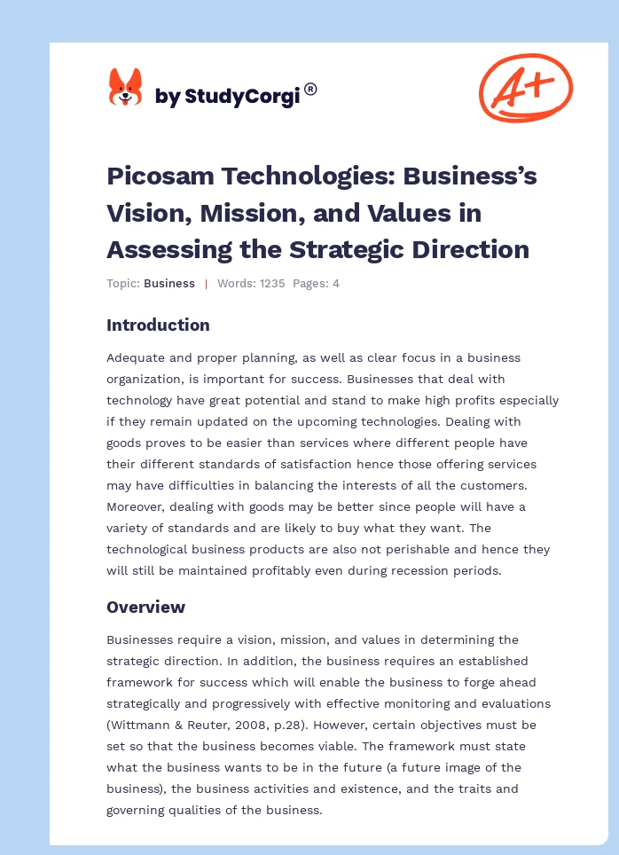 Picosam Technologies: Business’s Vision, Mission, and Values in Assessing the Strategic Direction. Page 1