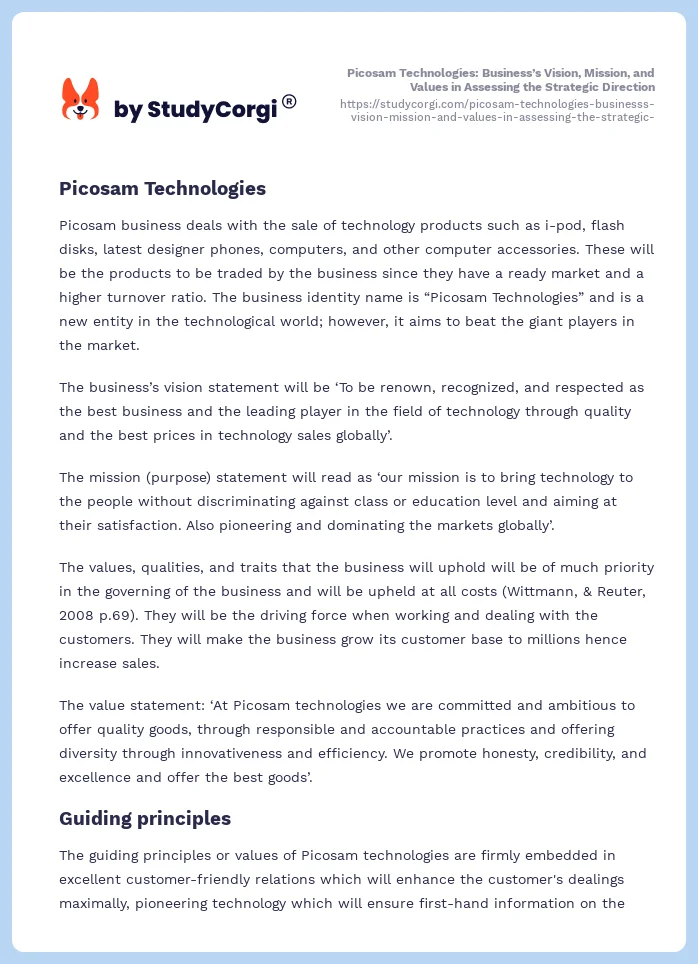 Picosam Technologies: Business’s Vision, Mission, and Values in Assessing the Strategic Direction. Page 2