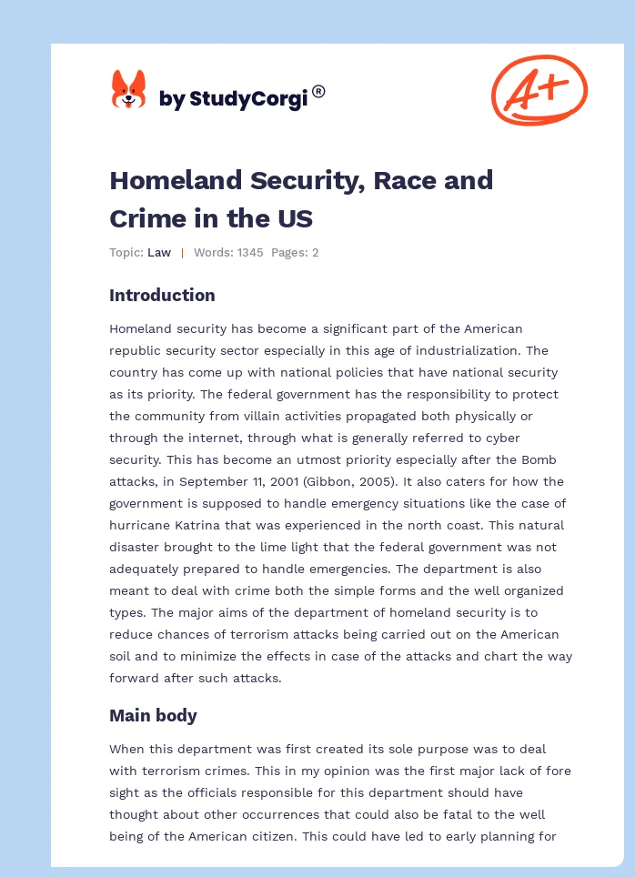 Homeland Security, Race and Crime in the US. Page 1