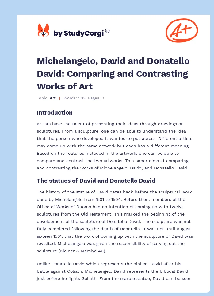 Michelangelo, David and Donatello David: Comparing and Contrasting Works of Art. Page 1