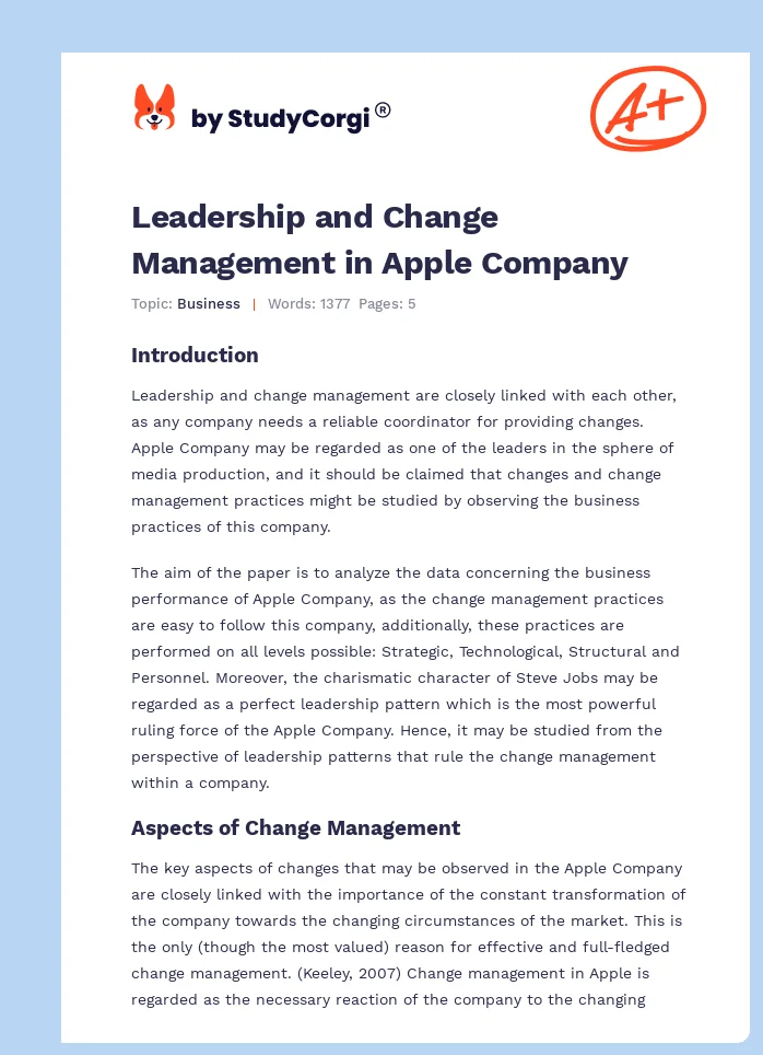 Leadership and Change Management in Apple Company. Page 1