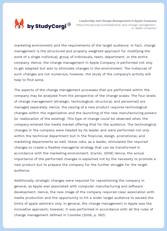 Leadership and Change Management in Apple Company. Page 2