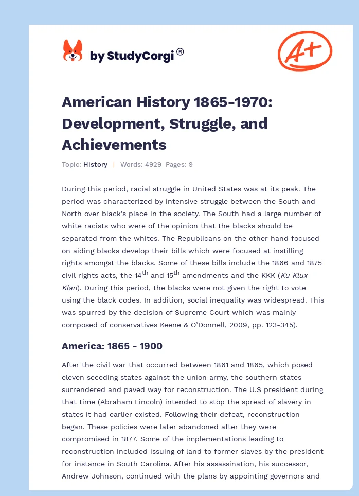 American History 1865-1970: Development, Struggle, and Achievements. Page 1