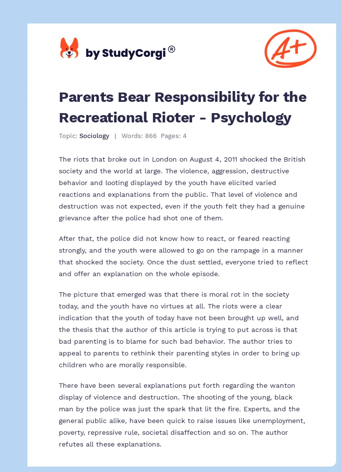 Parents Bear Responsibility for the Recreational Rioter - Psychology. Page 1
