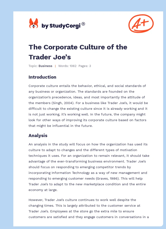 The Corporate Culture of the Trader Joe’s. Page 1