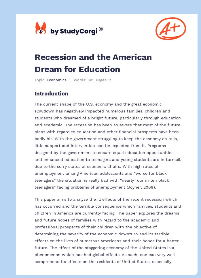 Recession and the American Dream for Education. Page 1