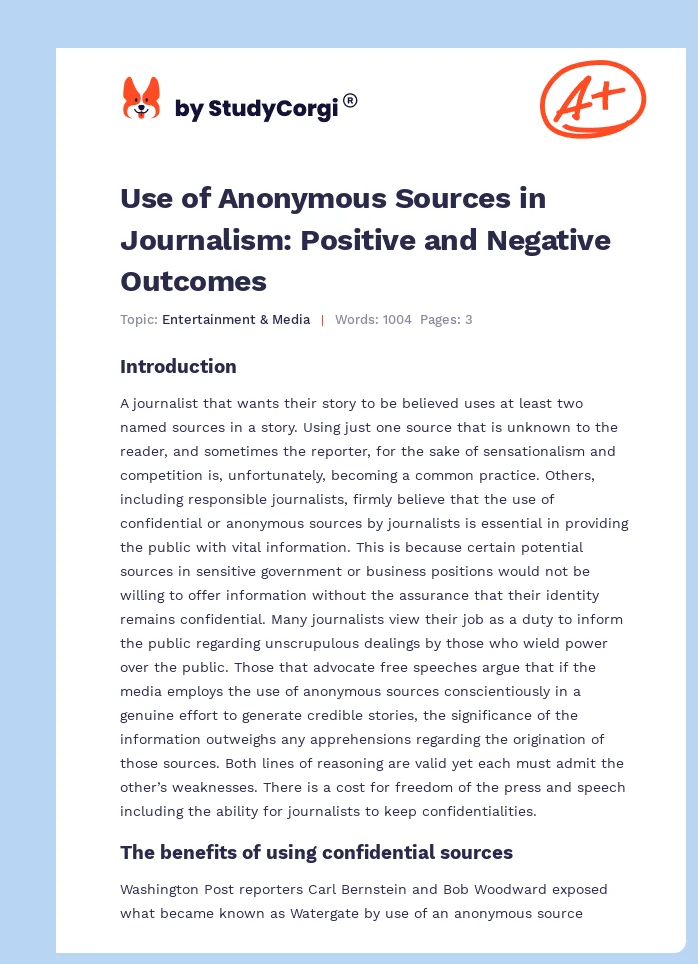 Use of Anonymous Sources in Journalism: Positive and Negative Outcomes. Page 1