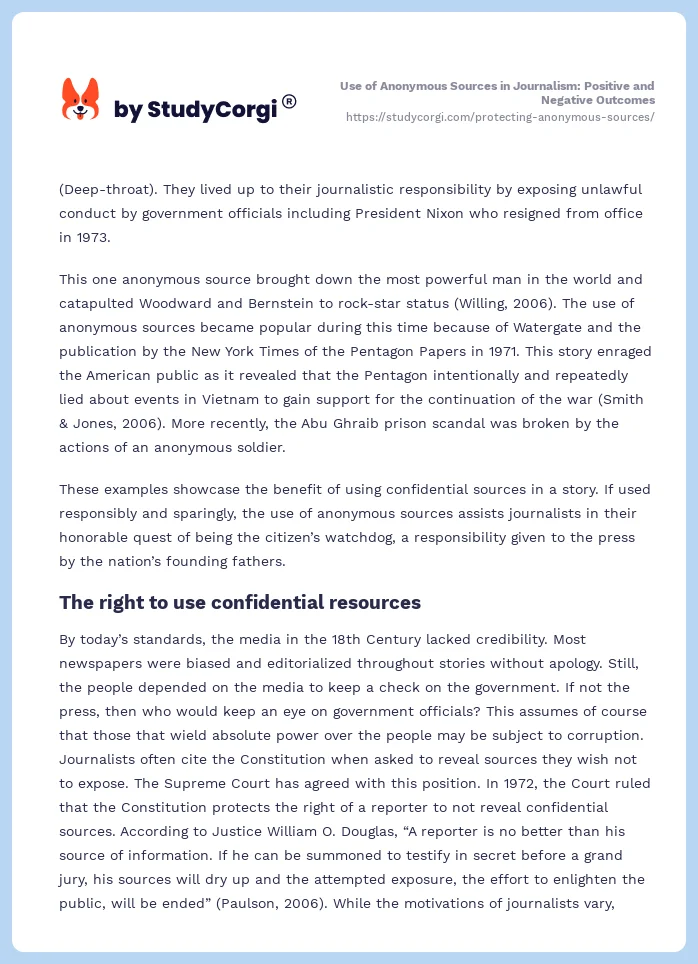 Use of Anonymous Sources in Journalism: Positive and Negative Outcomes. Page 2